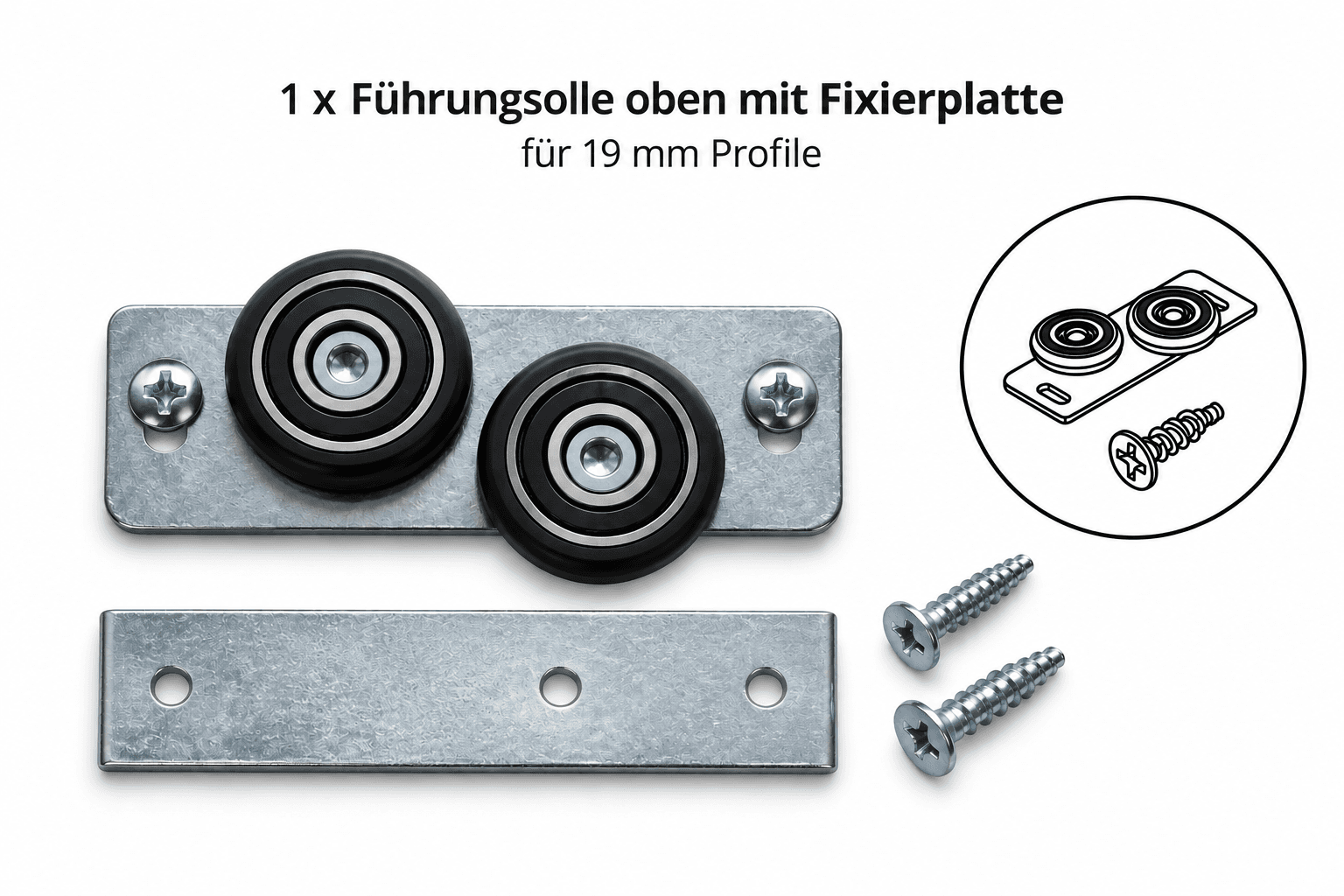 bild von Führungsrolle oben mit Fixierplatte für 19 mm Profile