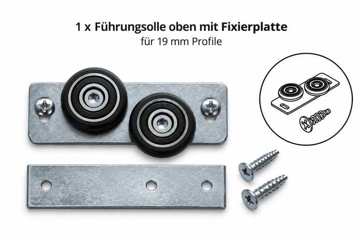Bild von Führungsrolle oben mit Fixierplatte für 19 mm Profile