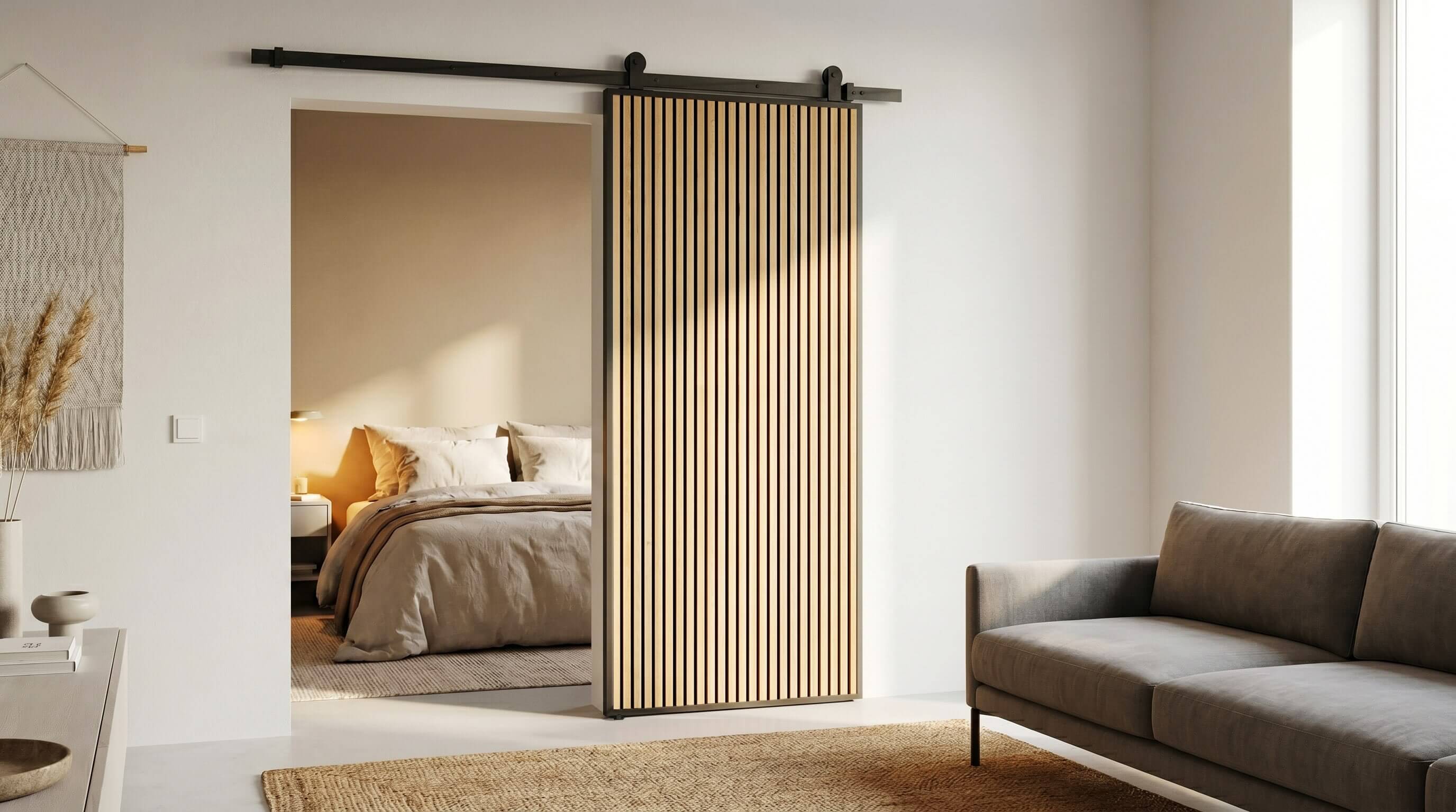 Lamellen-Schiebetuer als Durchgangstuer - Loft-Schiene - Farbe Light Oak