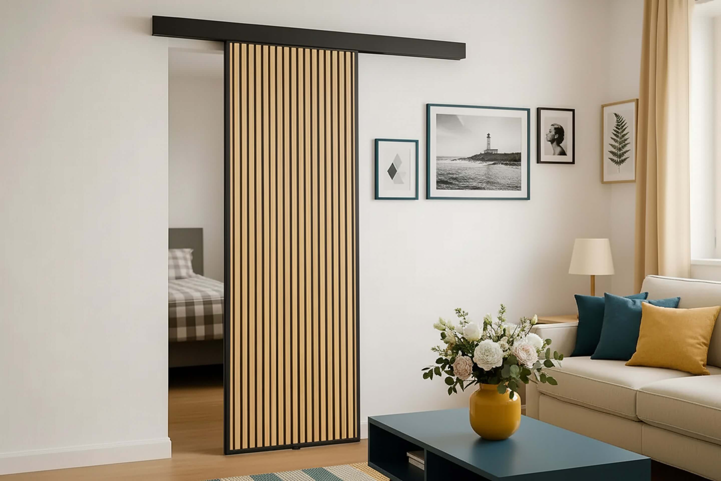 Lamellen-Schiebetuer als Durchgangstuer - Farbe Oiled Oak