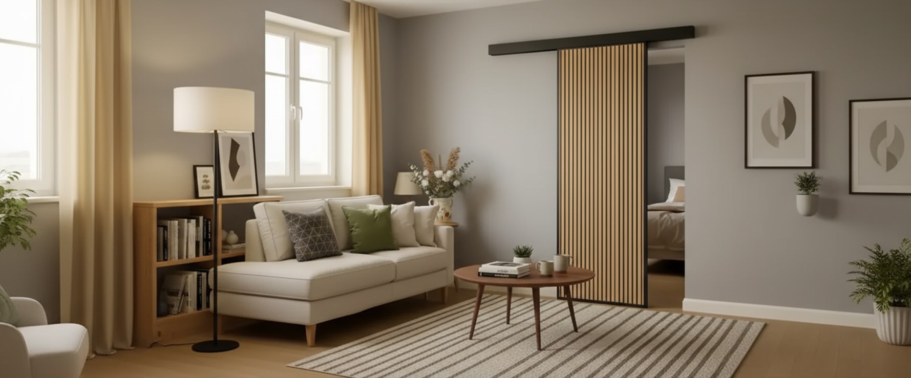 Lamellen-Schiebetuer als Durchgangstuer - Farbe Light Oak