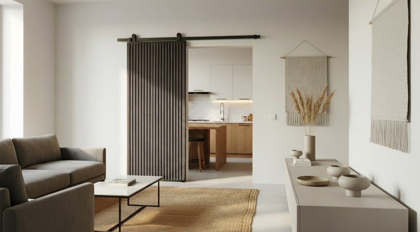 Lamellen-Schiebetuer als Durchgangstuer - Loft-Schiene - Farbe Black Oak