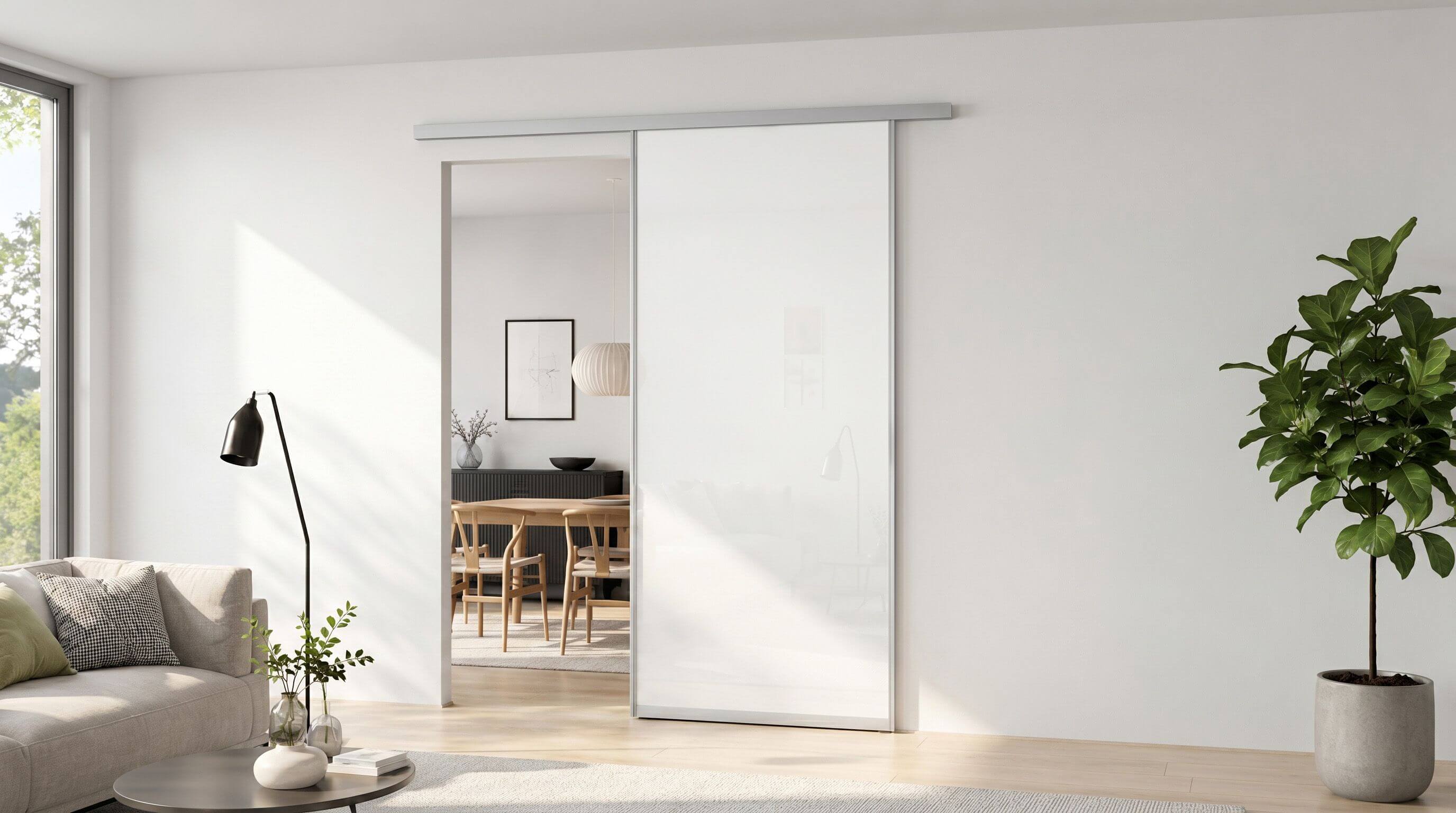 Durchgangsschiebetuer - Aluminium Rahmen und Schienen - Lackiertes Glas Weiss