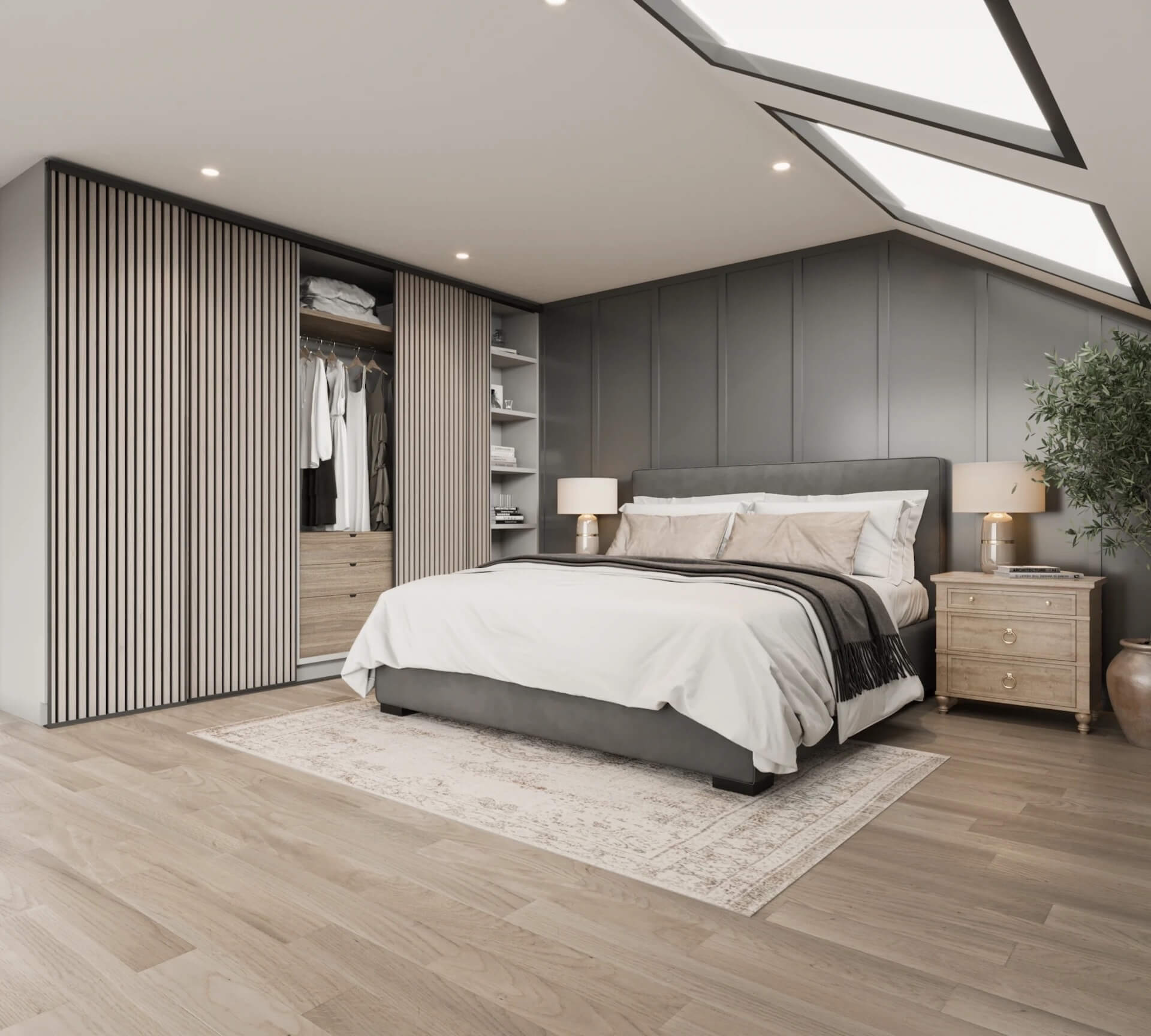 Schrankschiebetüranlage - Schwarze Rahmen und Schienen - Farbe Grey Oak