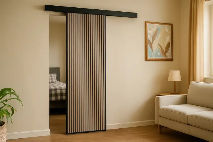 Lamellen-Schiebetür mit Akustik-Effekt - Hängesystem - Farbe Light Oak